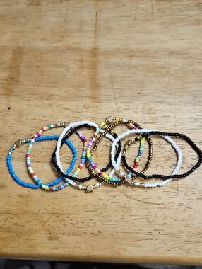 8 Bohemian Bracelets-Women-Handcrafted Seed Bead Stretch-Gold Heart Accent - NEW